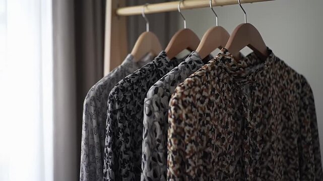 Four patterned shirts hanging on a wooden rack in a well-lit room