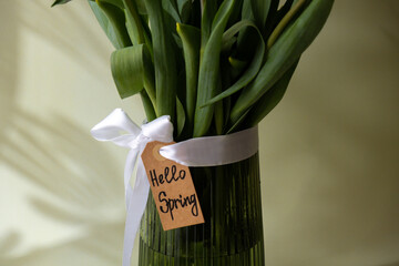 Multicolored fresh tulips in vase in green background with trendy deep shadows. HELLO SPRING card flowers in yellow and violet colors. Postcard wallpaper design Copy space 