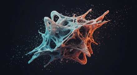 Complex abstract structure melting and dissolving into liquid streams and digital particles, showing decay or transformation, breakdown, smoke, liquid