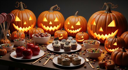 Halloween Treats And Carved Pumpkins on Wooden Table in Dark Room