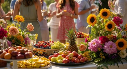 Outdoor Garden Party with Fruit Display and People in Background