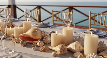 Beach Wedding Table Setting with Candles and Seashells near Ocean