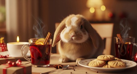 Cute Tan Bunny with Holiday Drinks and Cookies on Table Indoors
