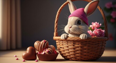 Cute Rabbit in Basket with Chocolates and Pink Blossoms