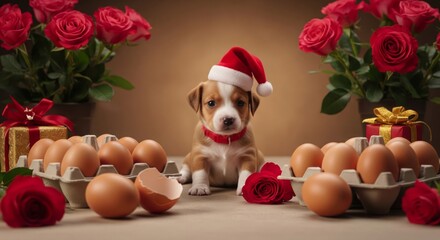 Puppy with Santa Hat Surrounded by Eggs and Roses in Studio