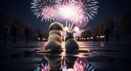 Dog and Cat Watching Fireworks Display at Night with Crowd