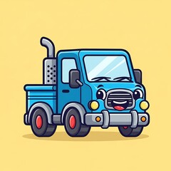 Fototapeta premium Cartoon blue truck with smiling face.
