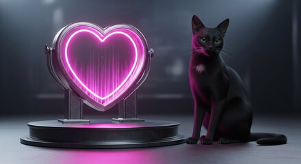 Elegant Black Cat Next to Glowing Heart Sculpture on Pedestal