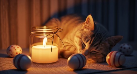 Sleeping Cat With Candle in Warm Cozy Room Atmosphere at Night