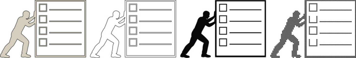 Obraz premium Man Pushing Large Checklist Silhouette Set for Productivity and Task Management Concepts