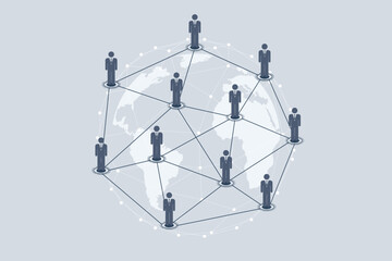Global business network concept with people icons connected around the world map. Flat vector illustration of international communication, remote work, and social connection.