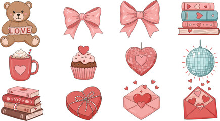 Valentine s day themed illustrations of gifts and treats for loved ones