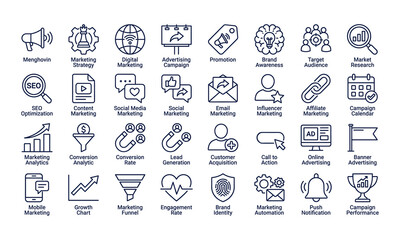 Marketing and digital marketing line icons set, SEO advertising analytics strategy symbols, business promotion outline UI collection