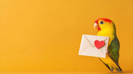 Valentine parrot holding envelope with heart symbol on yellow background creates romantic and cheerful atmosphere for love celebration