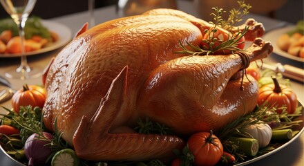 Golden Roasted Thanksgiving Turkey Centerpiece with Garnishes on