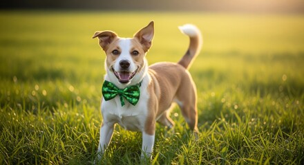 Happy Tan and White Dog Wearing Green Bowtie on Green Grass