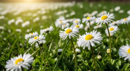 Daisies Field with White Petals and Yellow Centers in Sunlight