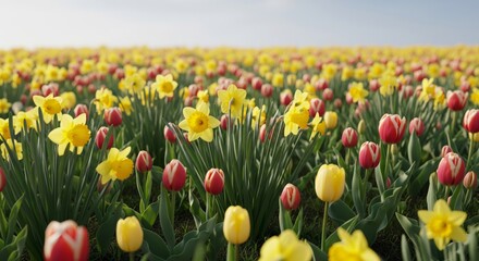 Field of Yellow Daffodils and Red Tulips in the Netherlands