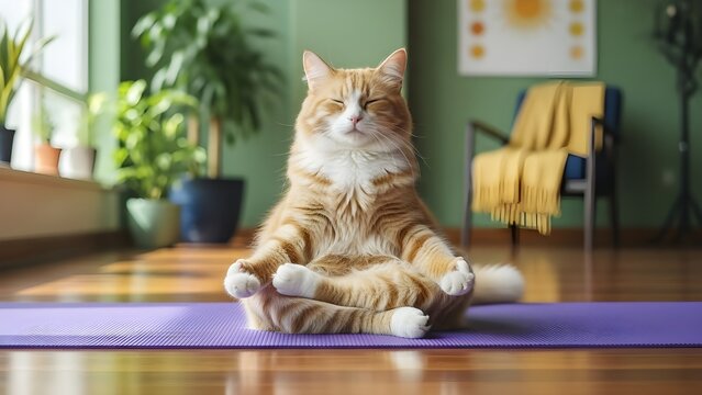 An orange-furred domestic cat sits in the lotus (yoga) position with its eyes closed on a purple mat, creating a calm and zen atmosphere. - Powered by Adobe