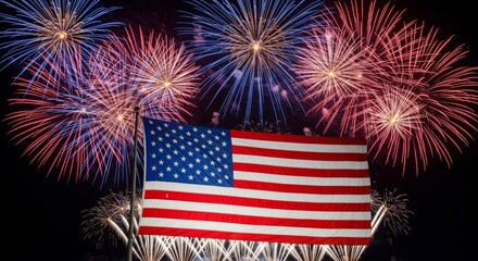 Red White and Blue American Flag with Vibrant Fireworks at Night