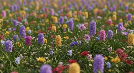 Field of Colorful Flowers in Sunny Daylight Scenery View