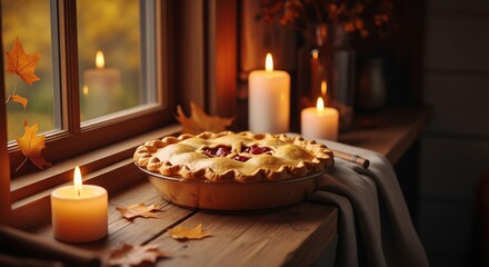 Autumn Still Life Pie and Candles on Wood Window Ledge