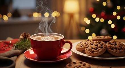Steaming Red Mug with Cookies on Wooden Table Near Christmas Tree