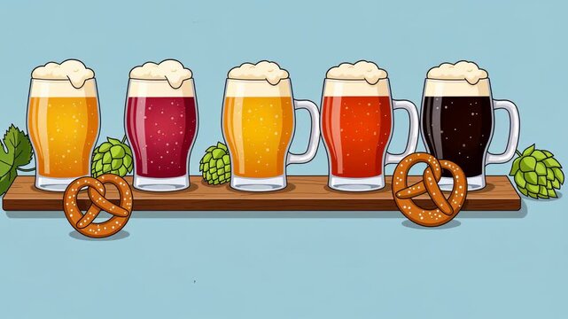 Animated craft beer selection on wooden shelf with hops and pretzels