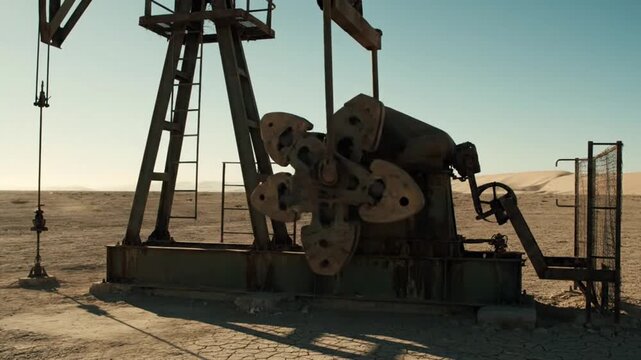 professional cinematic close up shot of oil pumpjack mechanism moving slowly in desert environment balanced daylight realistic industrial detail 4k stock footage
