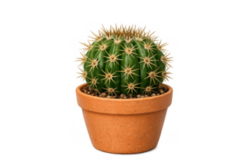 Green cactus growing in a terracotta pot with sharp thorns, representing resilience and home decor on transparent background