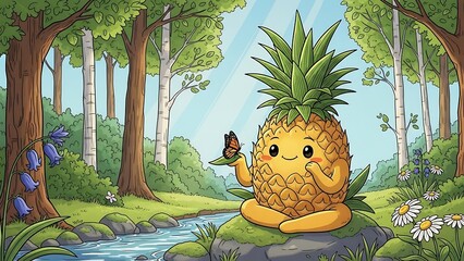 Pineapple character in forest meditating peacefully.