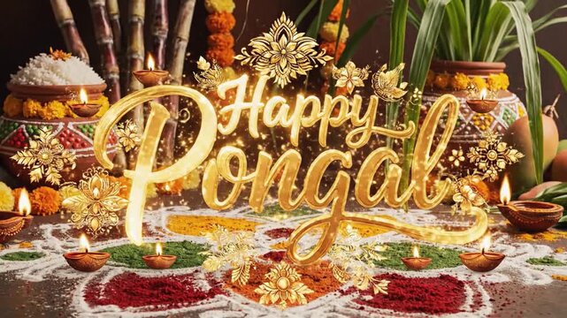 Happy pongal animation text with traditional rangoli and makar sankranti decoration background concept for indian harvest festival celebration video greeting card design motion graphics 4k
