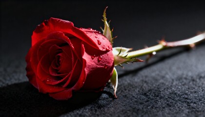Red rose with dew drops resting on a dark surface, showcasing its vibrant petals and intricate details, symbolizing love and beauty in nature's elegance