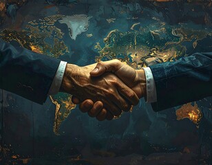 Close-up of two people shaking hands over a detailed, illuminated world map. Focus is on the handshake, symbolizing agreement