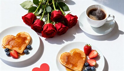 Heart-shaped pancakes with syrup, fresh strawberries, blueberries, and a cup of steaming coffee, surrounded by red roses, creating a romantic breakfast scene for special occasions