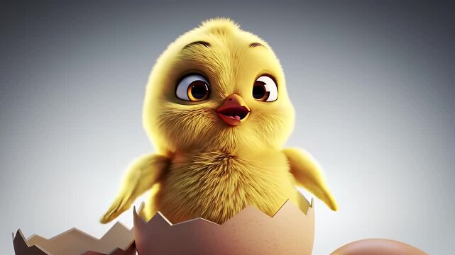 Cute animated baby chick emerging from eggshell with wide eyes and playful expression in soft studio lighting