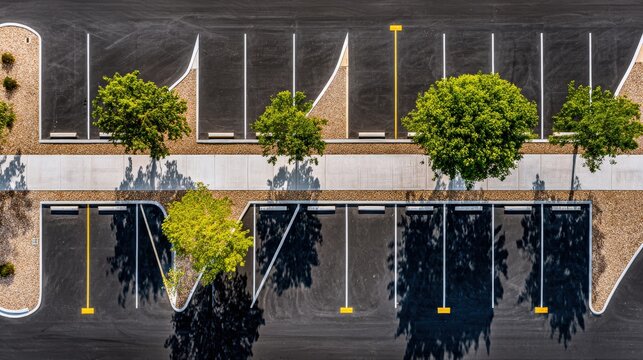 Aerial view captures neatly organized empty parking lot featuring pavement markings and small trees