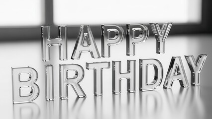 "Happy Birthday" Glossy Silver 3D Render Lettering on Reflective Surface