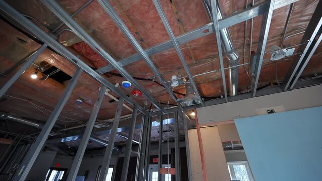  POV of unfinished interior ceiling with HVAC ducts, plumbing lines, and metal framing exposed. mechanical systems installation during building construction or renovation.