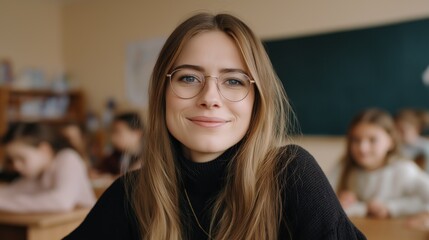 In a lively classroom, a joyful teacher beams with pride as she poses among engaged students. The atmosphere radiates positivity and enthusiasm for learning, fostering a sense of community