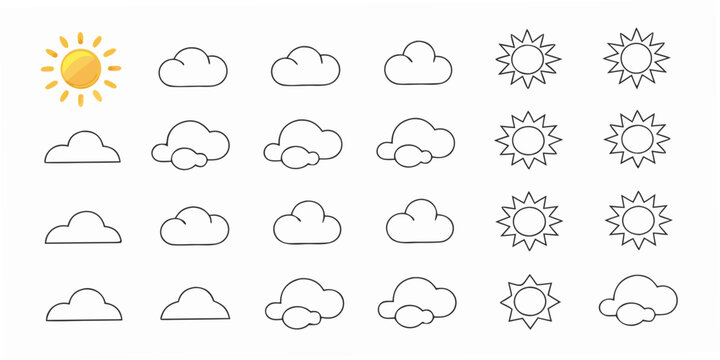 Collection of various weather icons displaying sun clouds and different sun styles