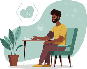 Illustration of dark skinned man sitting on a chair, smiling while checking his blood pressure with an automatic monitor. Includes health icons and heart rate display in a modern interior setting.