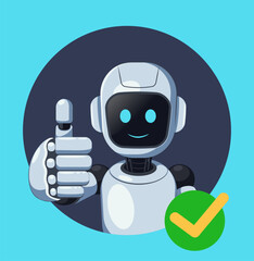 Cute, smiling cartoon robot gives a thumbs up gesture inside a dark circle, accompanied by a green checkmark. Ideal for themes of approval, success, or positive customer feedback.