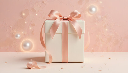 Elegant gift box with flowing ribbon on soft pink background for International Women&rsquo;s Day  