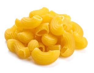 Close-up of uncooked elbow macaroni, a staple of pasta dishes. Yellowish, curved shapes piled on white