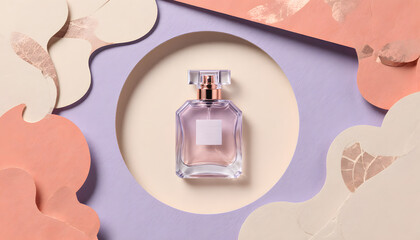Elegant minimalist perfume bottle in pastel abstract background for International Women&rsquo;s Day  