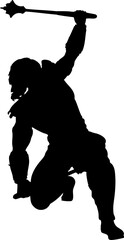 Black silhouette of a warrior wielding two spiked maces. The figure has a muscular build and dynamic posture, symbolizing strength, combat readiness, and fierce energy.