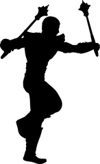 Black silhouette of a warrior wielding two spiked maces. The figure has a muscular build and dynamic posture, symbolizing strength, combat readiness, and fierce energy.