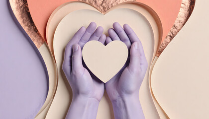 Hands gently holding a heart on a modern abstract background for International Women's Day  
