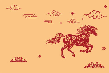 Elegant horse adorned with floral motifs gallops across abstract background, surrounded by traditional cloud and wave patterns. Ideal for festive, cultural, or celebratory designs.